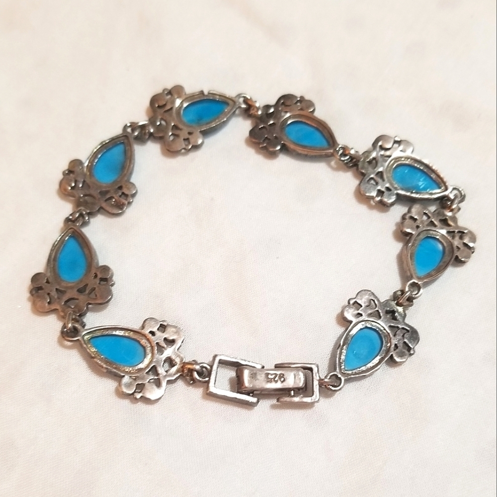 Persian Turquoise Marcasite Antique Sterling Silver Bracelet - Picture 5 of 8
